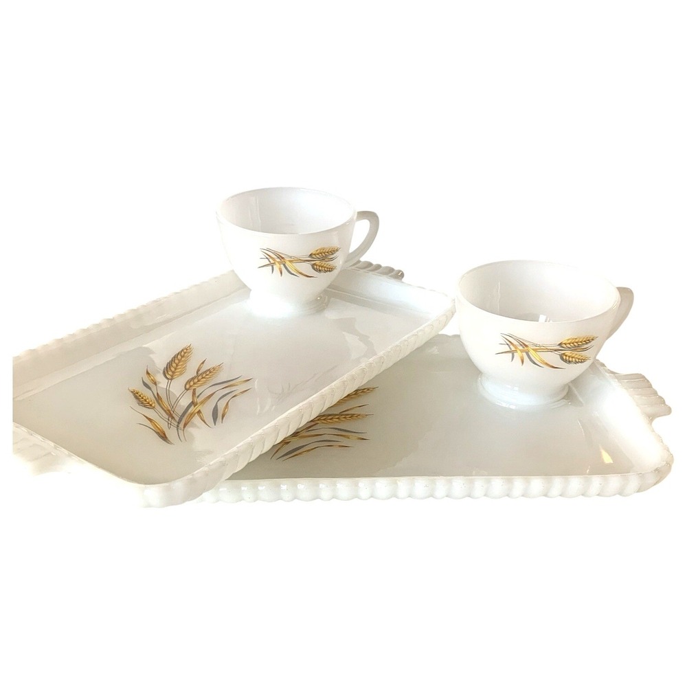 Fire-King Golden Wheat Milk‎ Glass Snack Set Trays and Cups Vintage 4 Piece